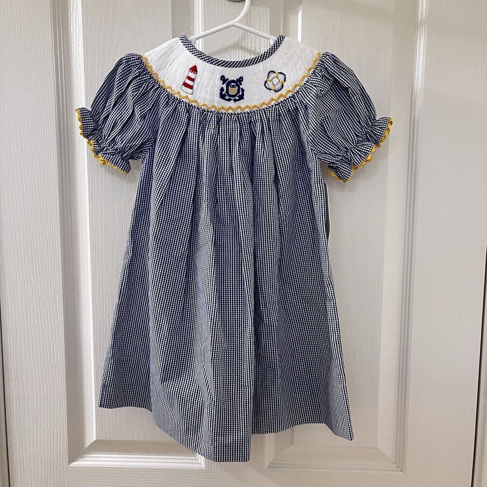 Sweet Cheeks Boutique Nautical Smocked Dress Blue Gingham Girls SZ 18 Months NEW